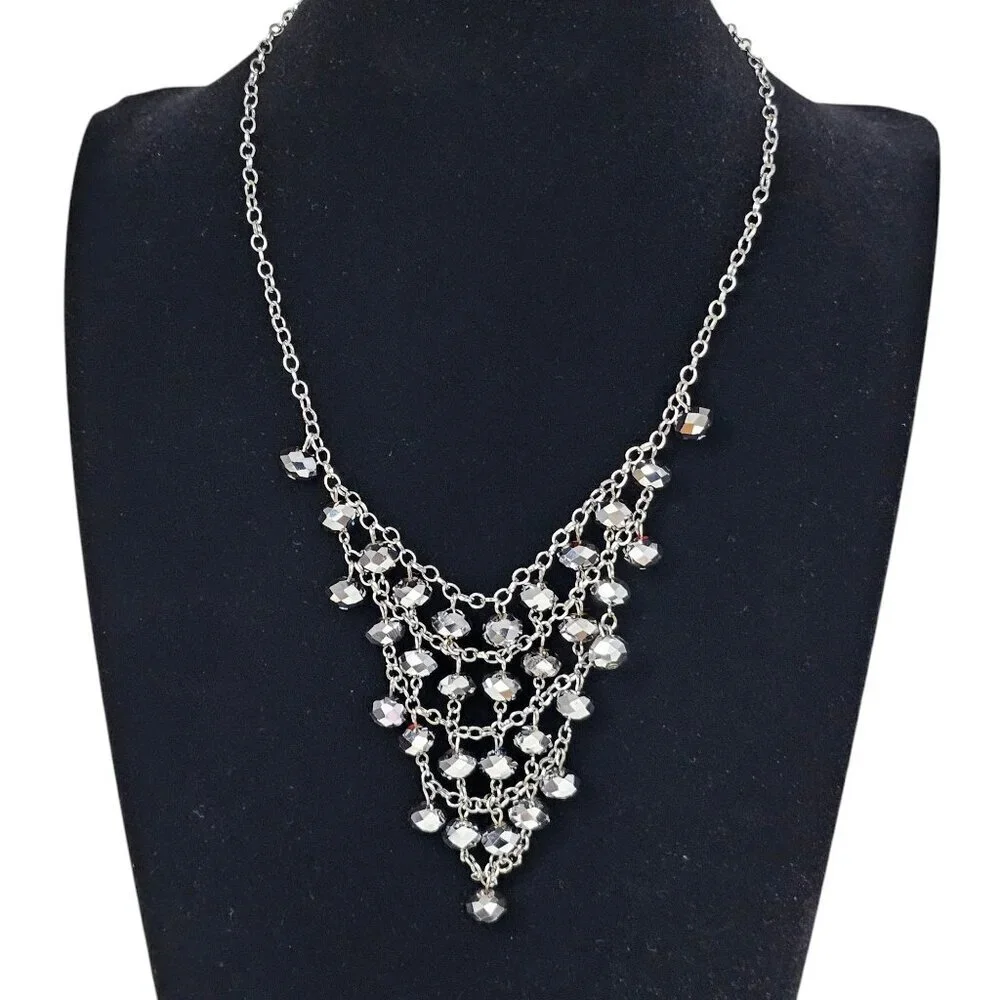 Cynthia Gale Art Deco Multi Strand Silver Tone Beaded Statement Bib Necklace